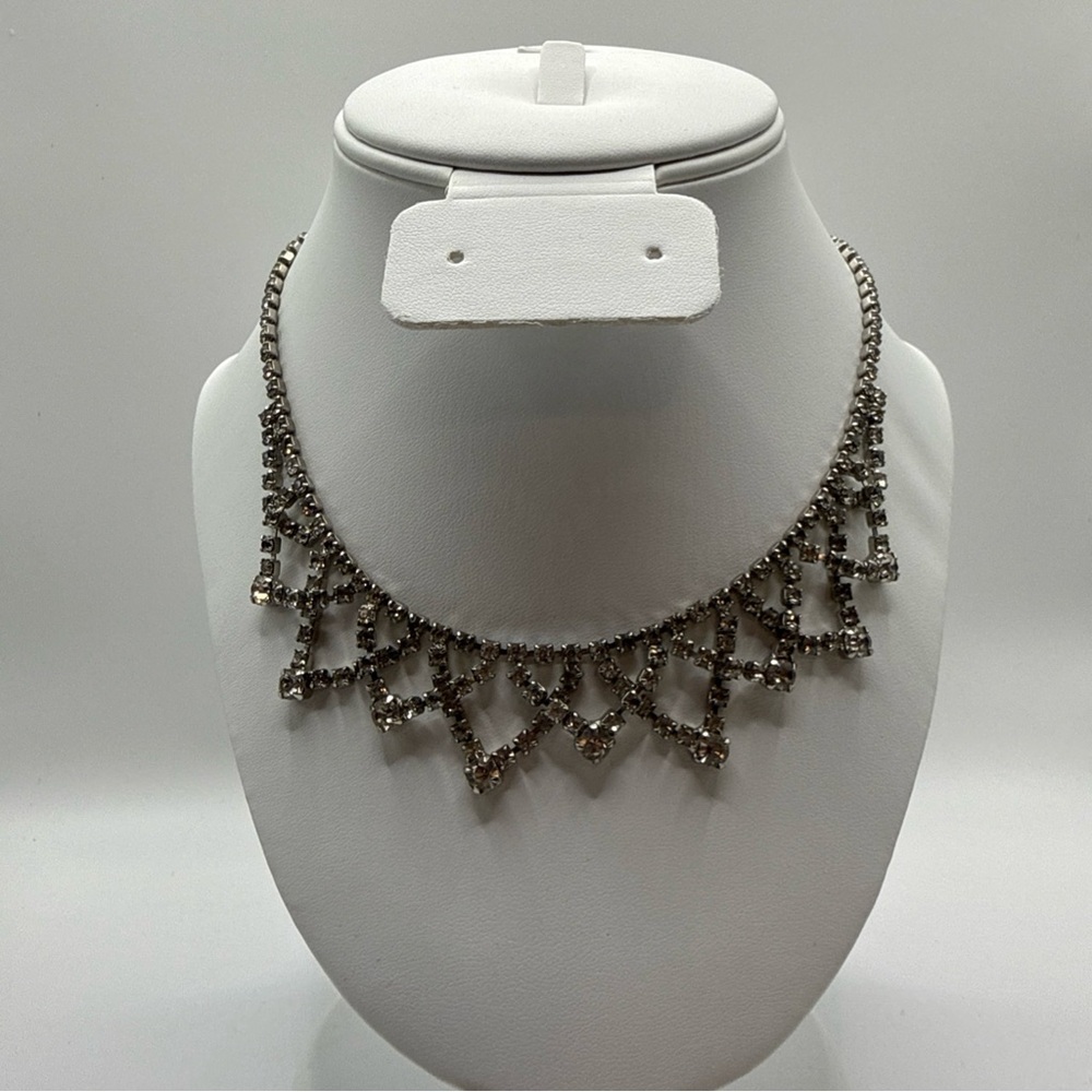 Vintage Clear Rhinestone Necklace Triangle design Hook Clasp